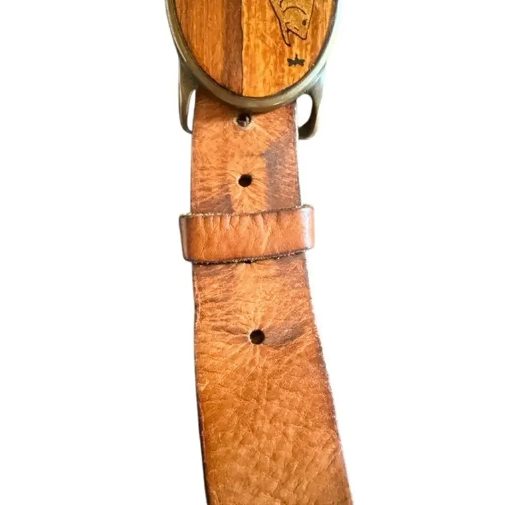 Solid Brass Bass Fish Buckle Brown Genuine Leather Belt Size 34 Fishing Outdoors